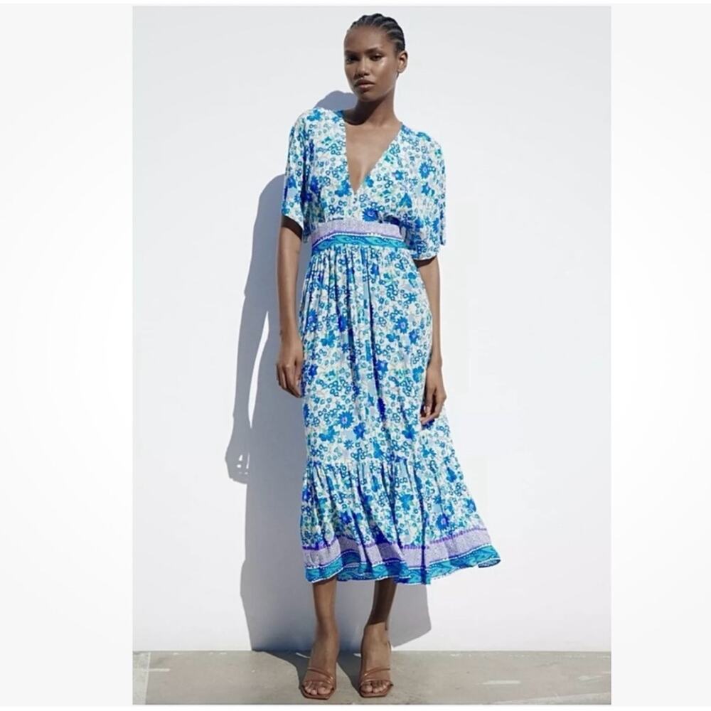 Zara Blue Floral Midi Dress with Purple Accents